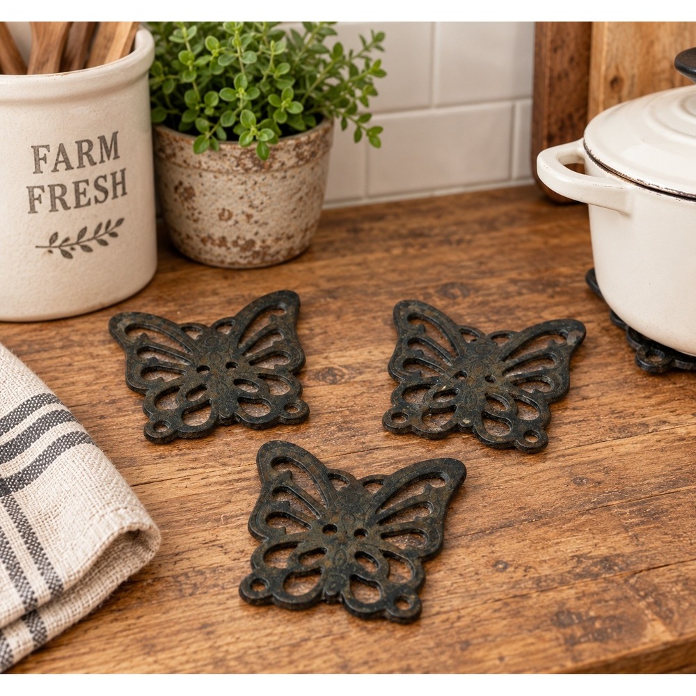 Vtg Cast Iron Butterfly Trivet Set of 3 Rustic Dark Brown Farmhouse Kitchen